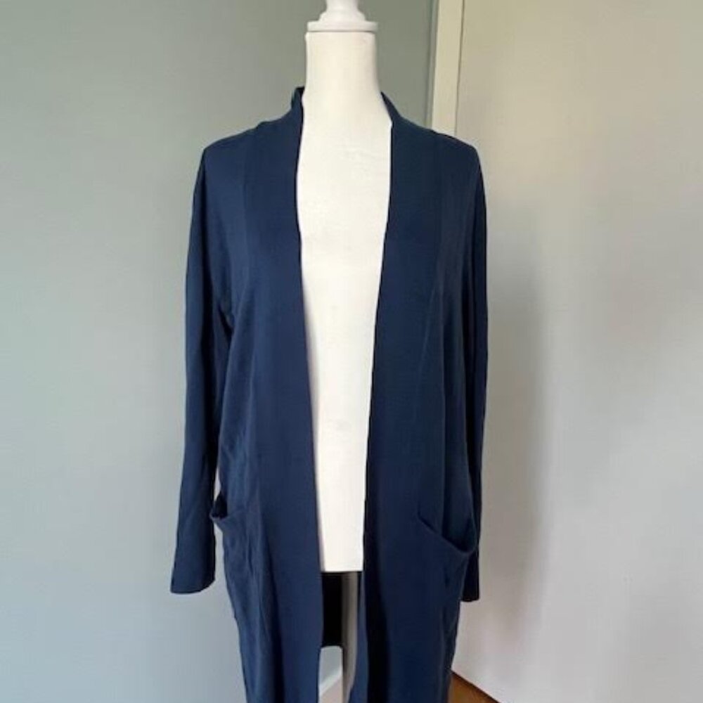 Knee-Length Blue Open Cardigan